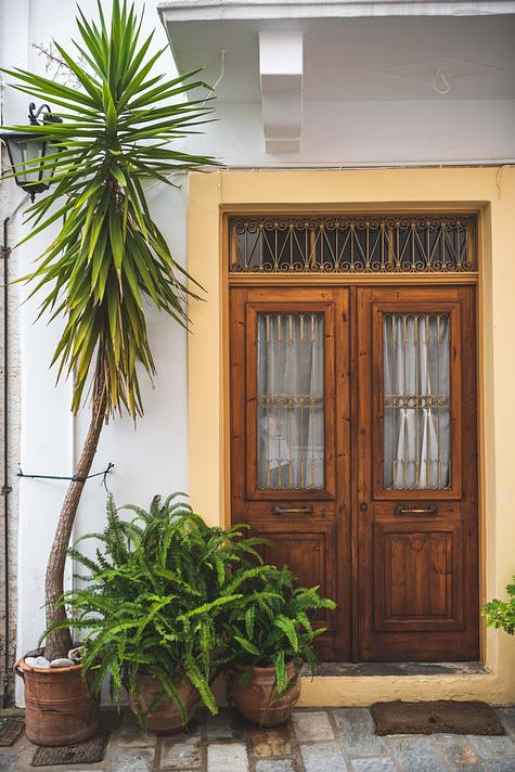 Stylish front door with potted plants.