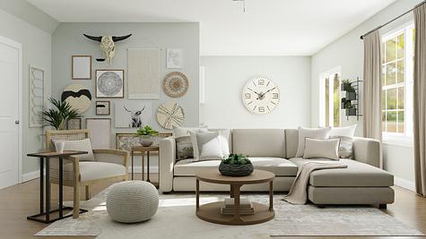 Beautifully staged, modern living room with neutral colors.