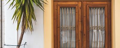 Stylish front door with potted plants.