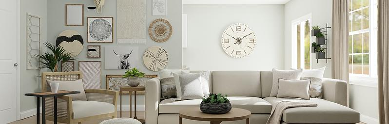 Beautifully staged, modern living room with neutral colors.